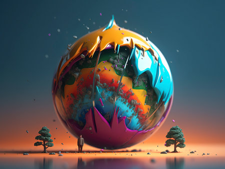 3d rendering of a globe with a planet and a tree in the backgroundの素材