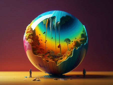 Earth globe with a reflection of the island in the water. 3D renderingの素材