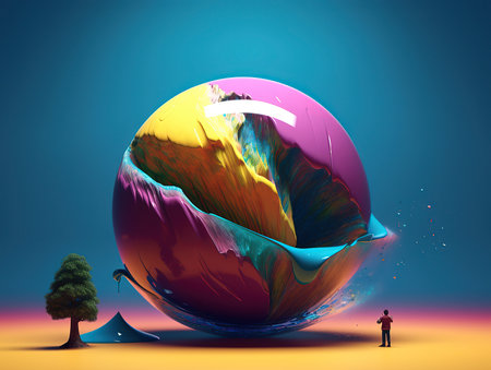 Conceptual image of a person standing in front of a huge multicolored globe with a tree on the foreground.の素材