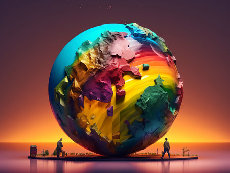 abstract scene with globe and people. 3d render illustration.の素材