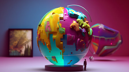 3D rendering of a man standing in front of a colorful globeの素材