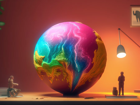 Abstract colorful background with planet and people. 3d render illustration.の素材