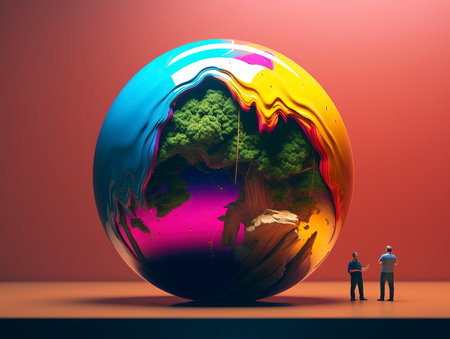 3d render of business man and woman standing near a big globeの素材