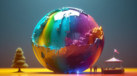 3d render of globe and people in the park. Abstract backgroundの素材