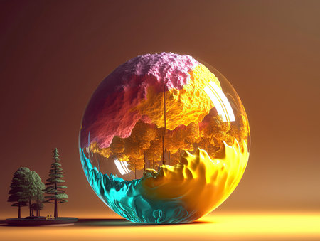 3d illustration of a planet in the form of a sphere and a treeの素材