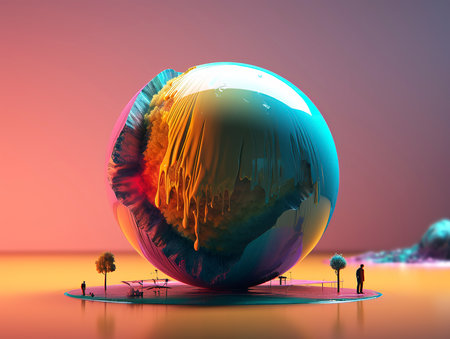 3D rendering of a globe with people in the background at sunsetの素材