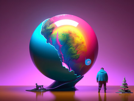 Man standing near globe. Conceptual image of global warming. 3D renderingの素材