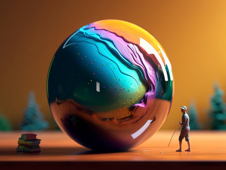 3d illustration of a man standing in front of a crystal ballの素材