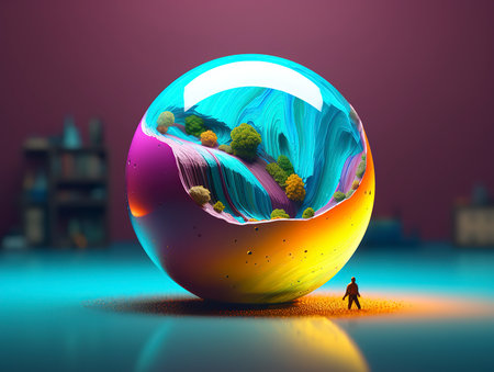 3d render of a person standing in front of a glass globe with an abstract landscapeの素材