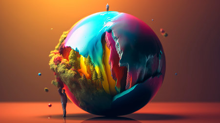 3D illustration of a globe with colorful paint splashes on itの素材