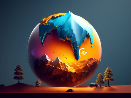 abstract 3d illustration of a crystal ball with mountains and treesの素材