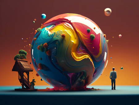 Businessman standing in front of abstract planet. 3D Renderingの素材