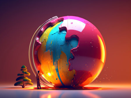 3d render of people standing near globe with puzzle piece and treeの素材