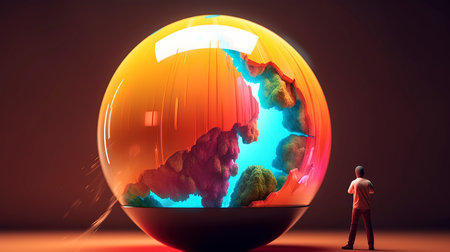 Businessman looking at fire in a glass sphere. 3D renderingの素材
