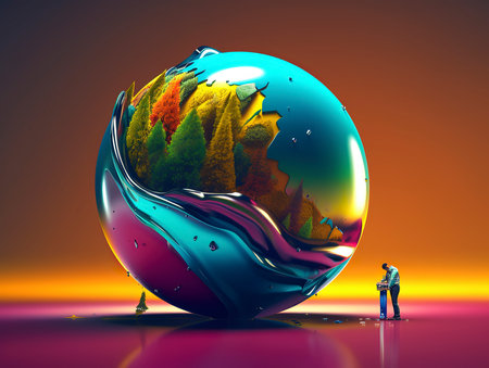 Conceptual image of a young man and a woman standing next to a big globeの素材