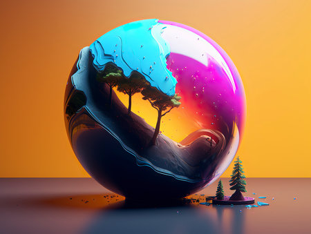 3D render of a crystal ball with a tree in the middleの素材