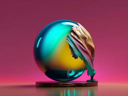 3d illustration of a metal ball with splashes of paint.の素材