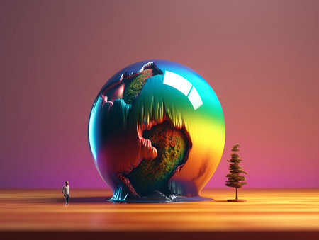 3D illustration of a man looking through a crystal ball with a tree in the backgroundの素材
