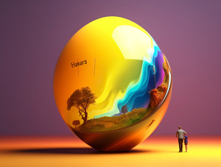 Businessman standing in front of a big glass sphere with a colorful abstract designの素材