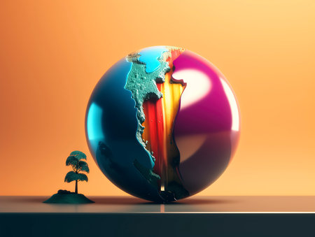 Earth globe with palm trees on orange background. 3D illustration.の素材