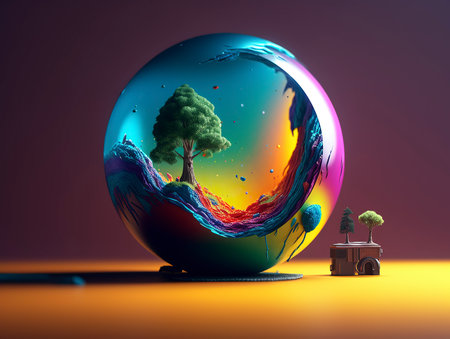 3D illustration of a tree in a glass ball and a toy carの素材