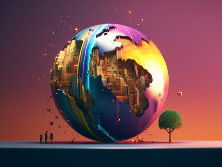 Earth planet with trees and skyscrapers. 3D illustration.の素材