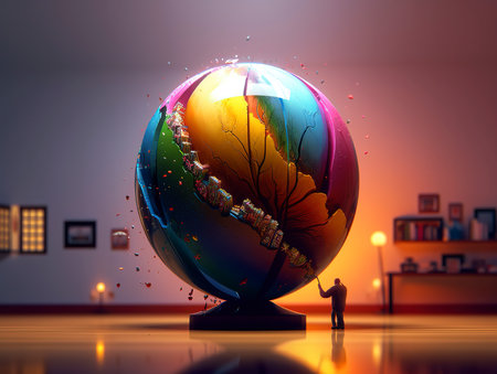 Man in front of a globe with tree inside. 3D renderingの素材
