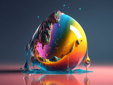 3D illustration of a colorful water drop collision with another one.の素材