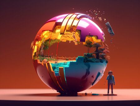 Businesswoman standing in front of a globe. 3D rendering.の素材