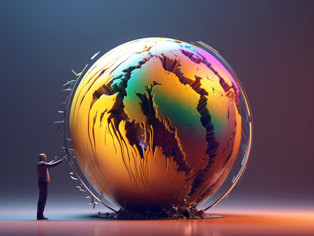 3d rendering of a man standing in front of a glass globeの素材