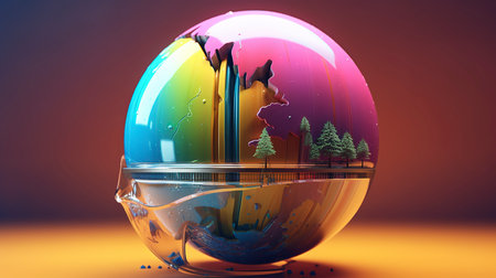 Broken glass globe with city inside. 3d render illustration.の素材