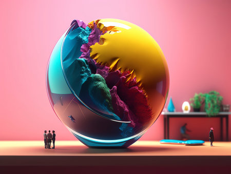 3d illustration of people standing in front of a big glass globeの素材