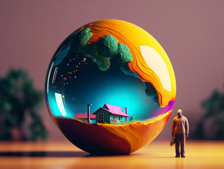 Elderly man looking at a house in a crystal ball. 3d renderingの素材