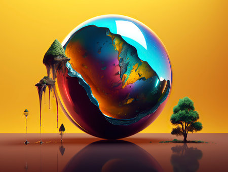 abstract scene with planet earth and trees. 3d illustration.の素材