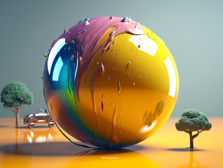 3d rendering of a glass ball with colorful splashes and treesの素材