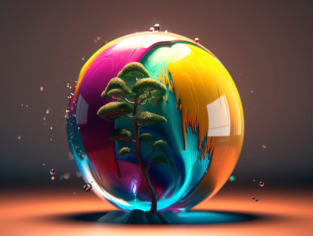3d render of a crystal ball with a tree in the middleの素材