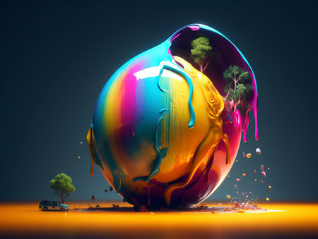 abstract 3d illustration of colorful paint splashing on a planetの素材