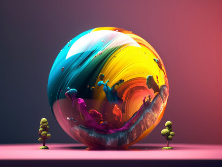 3d illustration of abstract colorful sphere with people and trees on itの素材