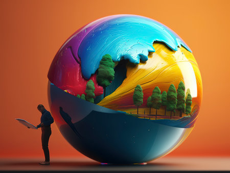 Businesswoman holding a laptop in front of a globe with trees and mountainsの素材