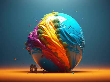 abstract 3d illustration of colorful planet with tree on the backgroundの素材