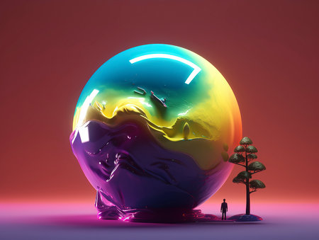3D illustration of a crystal ball with a tree on the backgroundの素材