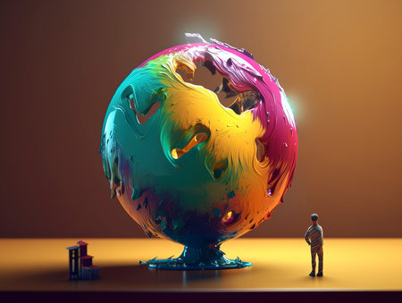 3d rendering of a man standing in front of a globe.の素材