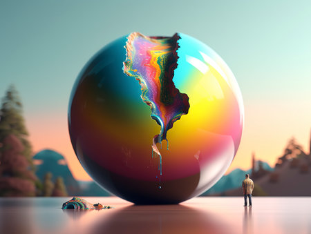 3d rendering of a man standing in front of a crystal ball with a colorful map of Argentinaの素材