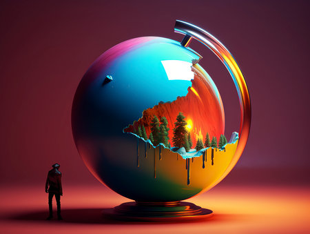Conceptual image of a man standing in front of a crystal ball with a forest in the backgroundの素材