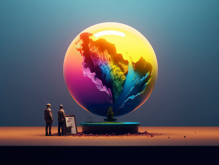 Businessman standing in front of a crystal ball with map on itの素材