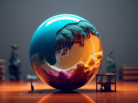 3d illustration of a person looking at an alien planet in a glass sphereの素材