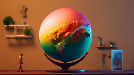 Man looking at a globe in a room with a shelf. 3d renderingの素材