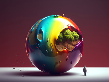 Businessman standing in front of colorful globe. 3D Renderingの素材