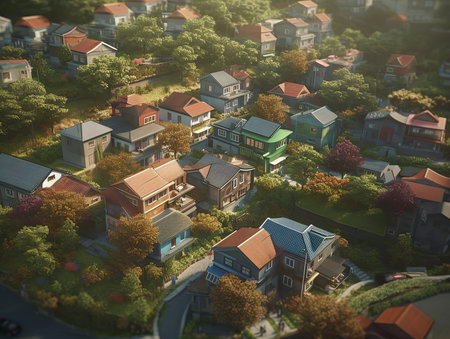 Abstract 3d render of a small town with houses and trees.の素材