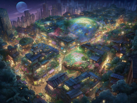 3D rendering of a fantasy town in the night with a full moonの素材